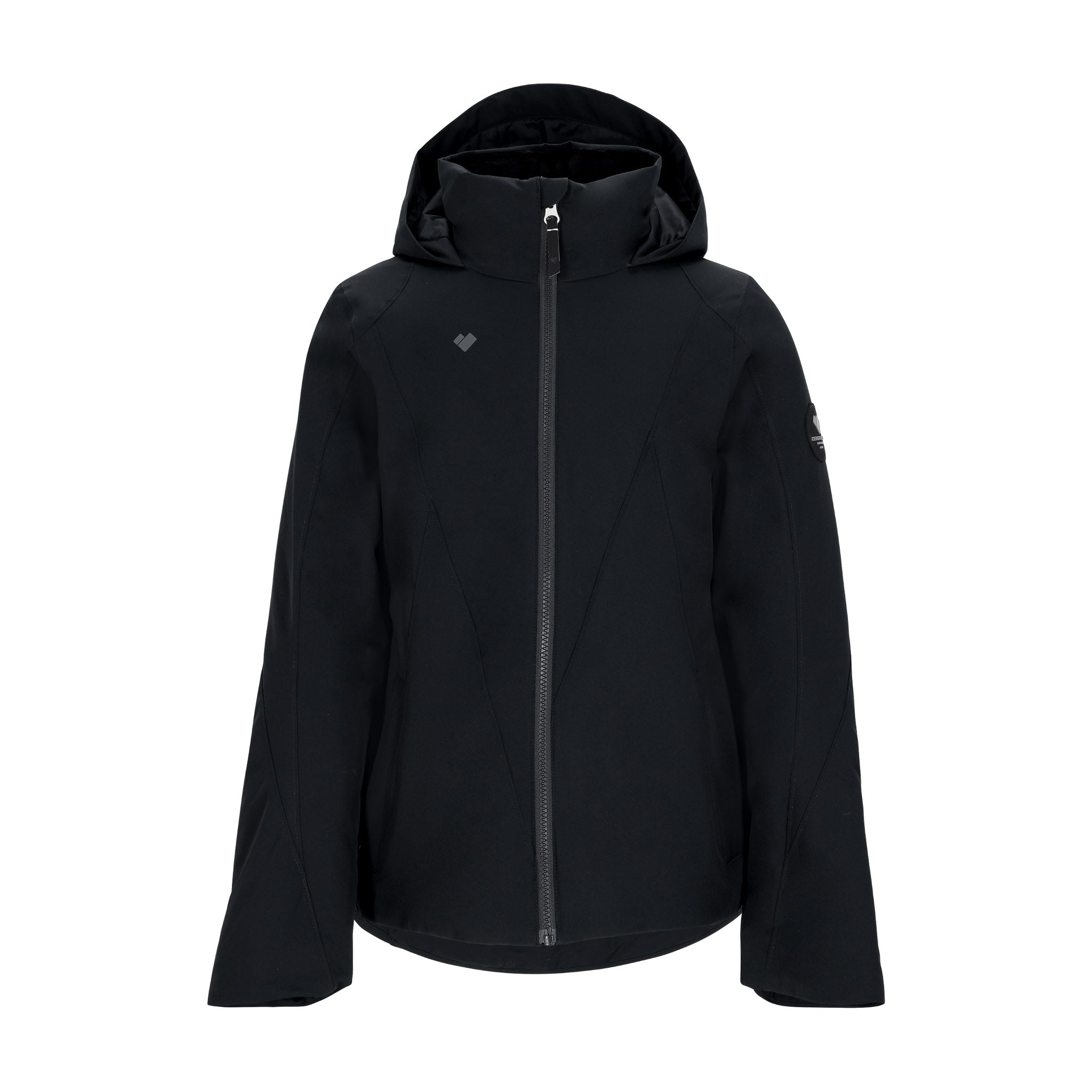 Obermeyer Teen Girls' Rylee Insulated Jacket 2025 - A black insulated jacket with a hood, featuring a zipper down the front and two zippered pockets on either side.