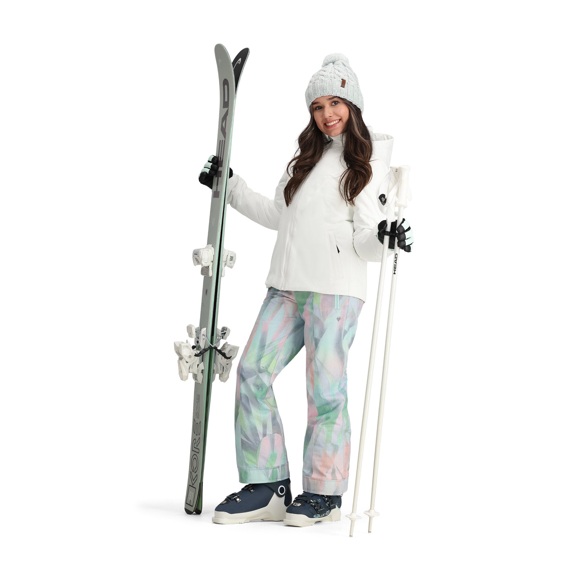 Obermeyer Teen Girls' Rylee Insulated Jacket - A pastel pink and green snowboard jacket with a fur-lined hood, zippered pockets, and a black zipper.