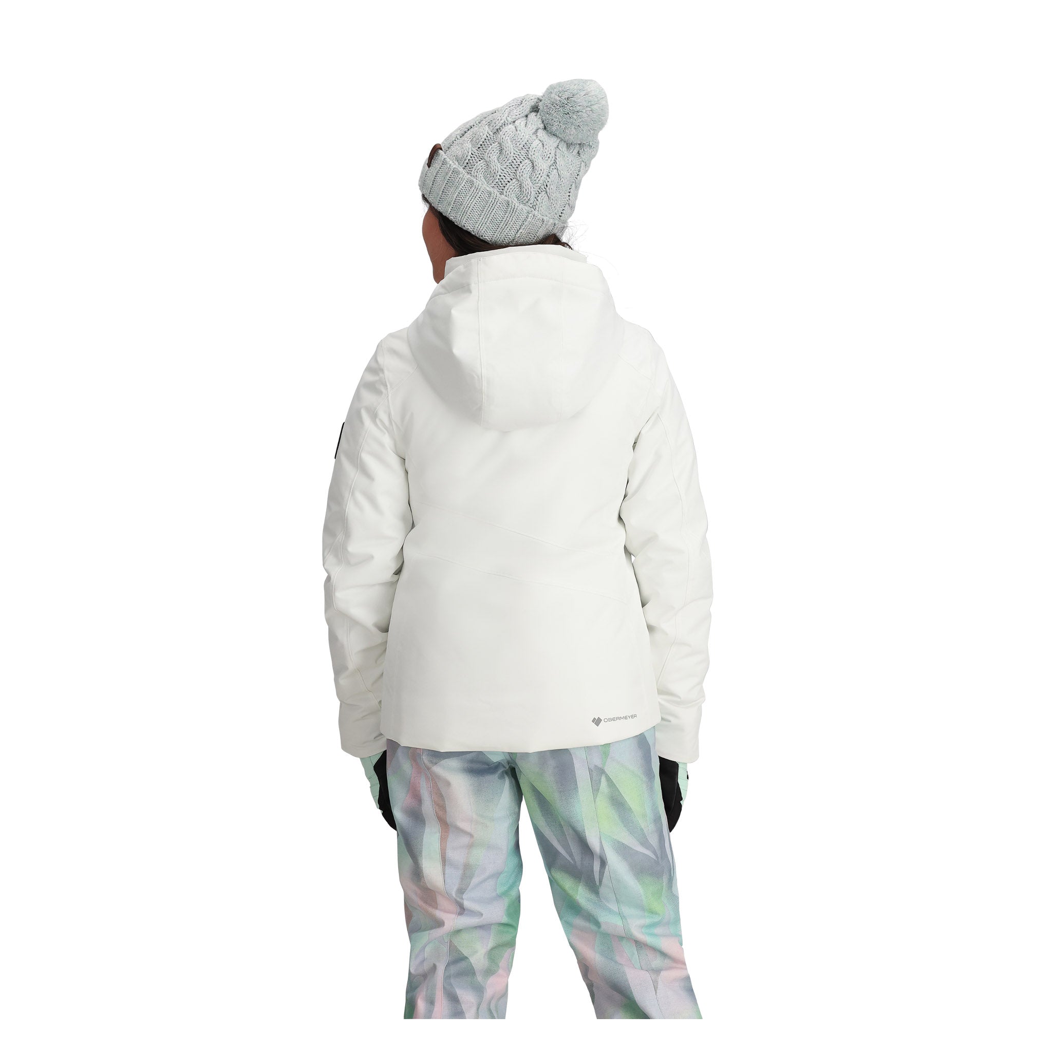 Obermeyer Teen Girls' Rylee Insulated Jacket 2025 - A white jacket with a hood, featuring black accents on the sleeves and chest.