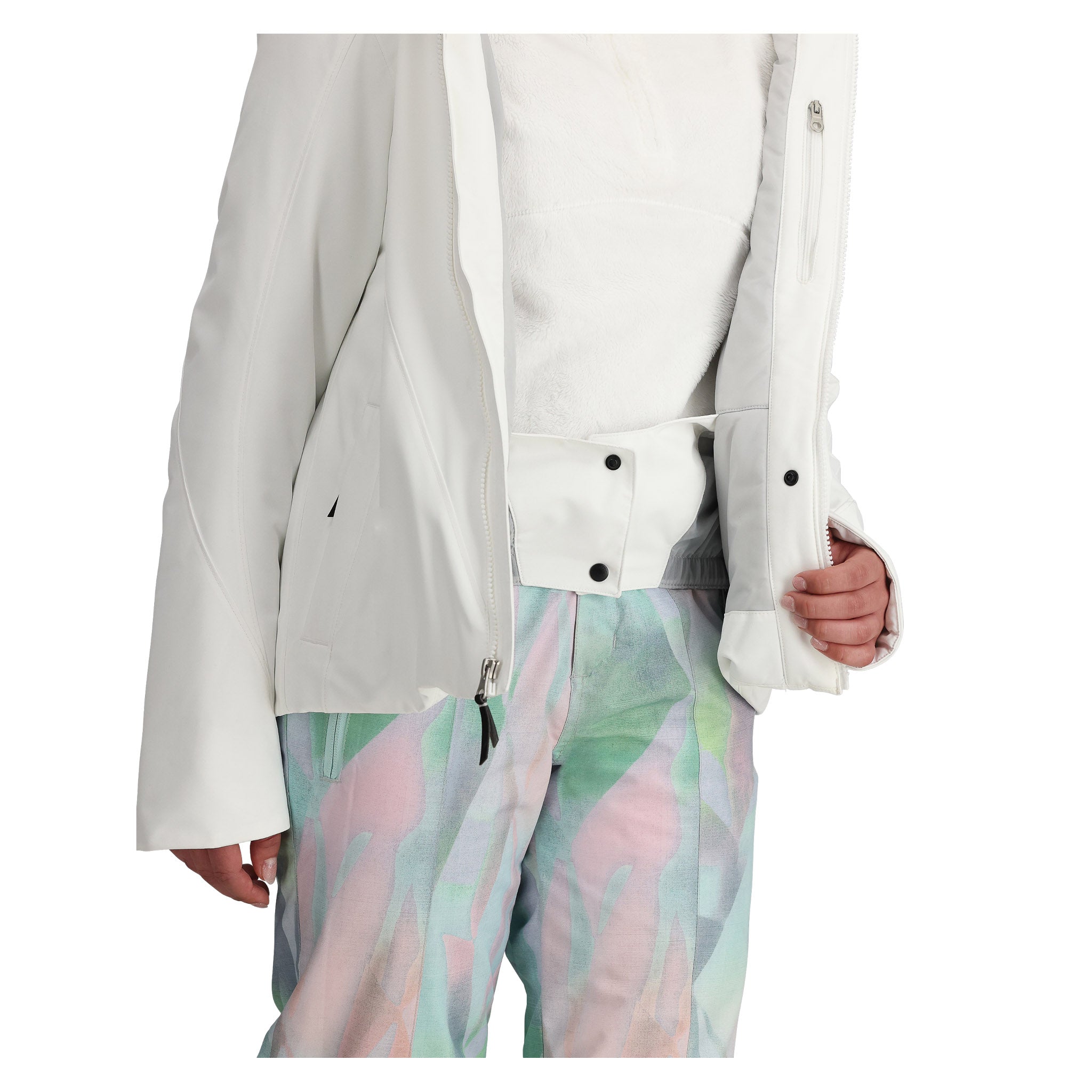 Obermeyer Teen Girls' Rylee Insulated Jacket 2025 - A white jacket with a zippered chest pocket and silver zipper pull.