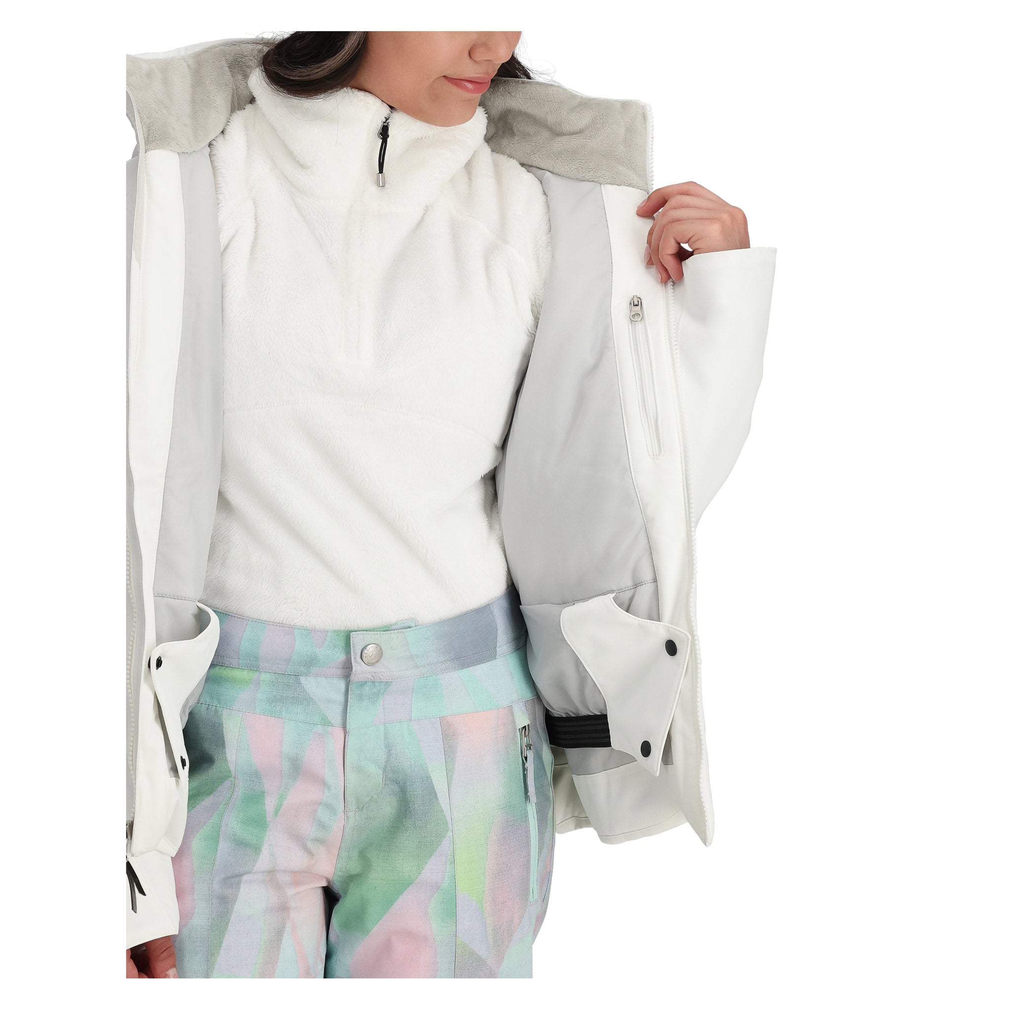 Obermeyer Teen Girls' Rylee Insulated Jacket 2025 - A white jacket with a fur-lined hood and silver zipper.