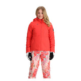Obermeyer Teen Girls' Rylee Insulated Jacket - A coral-colored jacket with a hood, featuring a small embroidered heart on the left chest area.