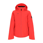 Obermeyer Teen Girls' Rylee Insulated Jacket 2025 - A coral-colored jacket with a hood, featuring two zippered pockets on the front and a black logo patch on the left sleeve.