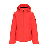 Obermeyer Teen Girls' Rylee Insulated Jacket 2025 - A coral-colored jacket with a hood, featuring two zippered pockets on the front and a black logo patch on the left sleeve.