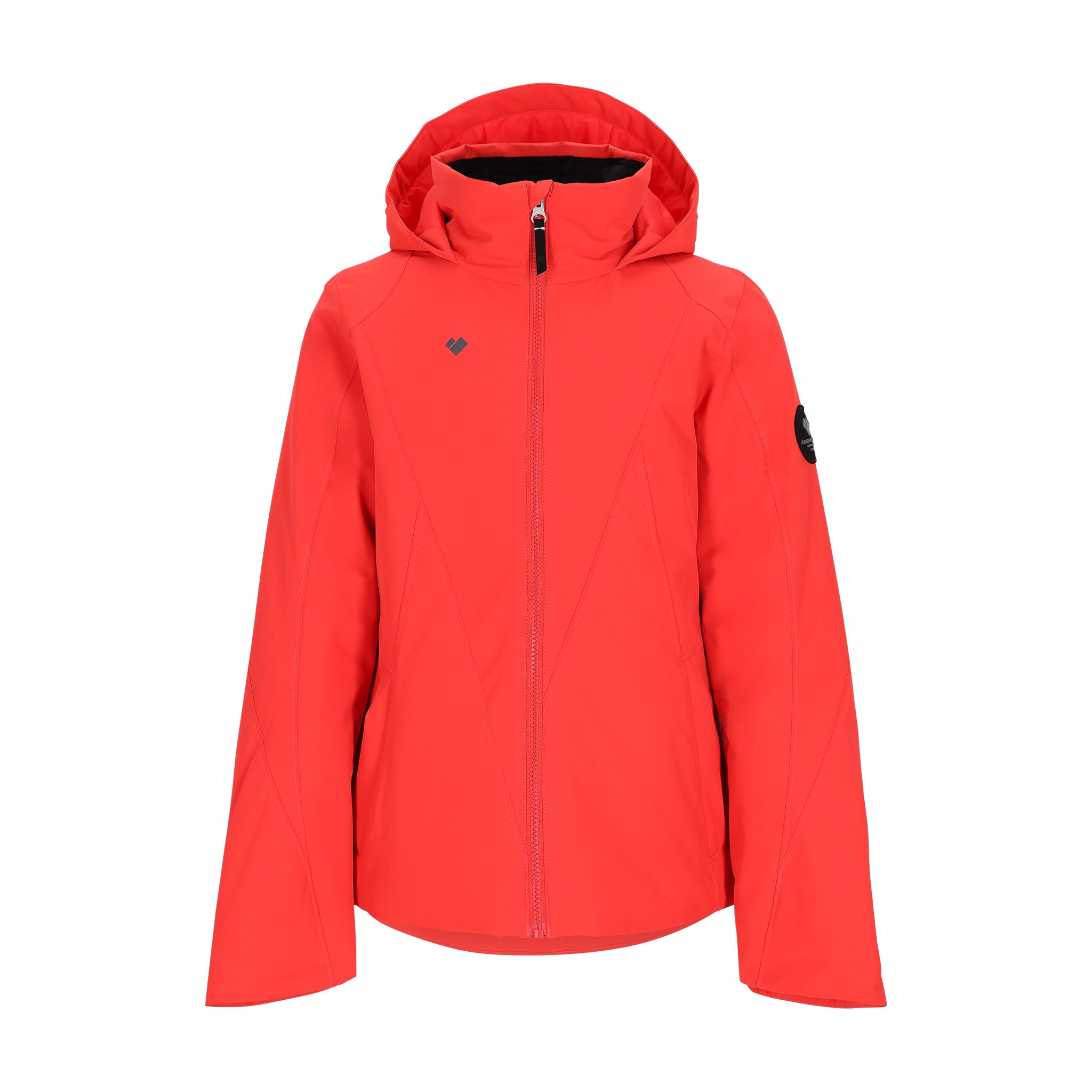 Obermeyer Teen Girls' Rylee Insulated Jacket 2025 - A coral-colored jacket with a hood, featuring two zippered pockets on the front and a black logo patch on the left sleeve.