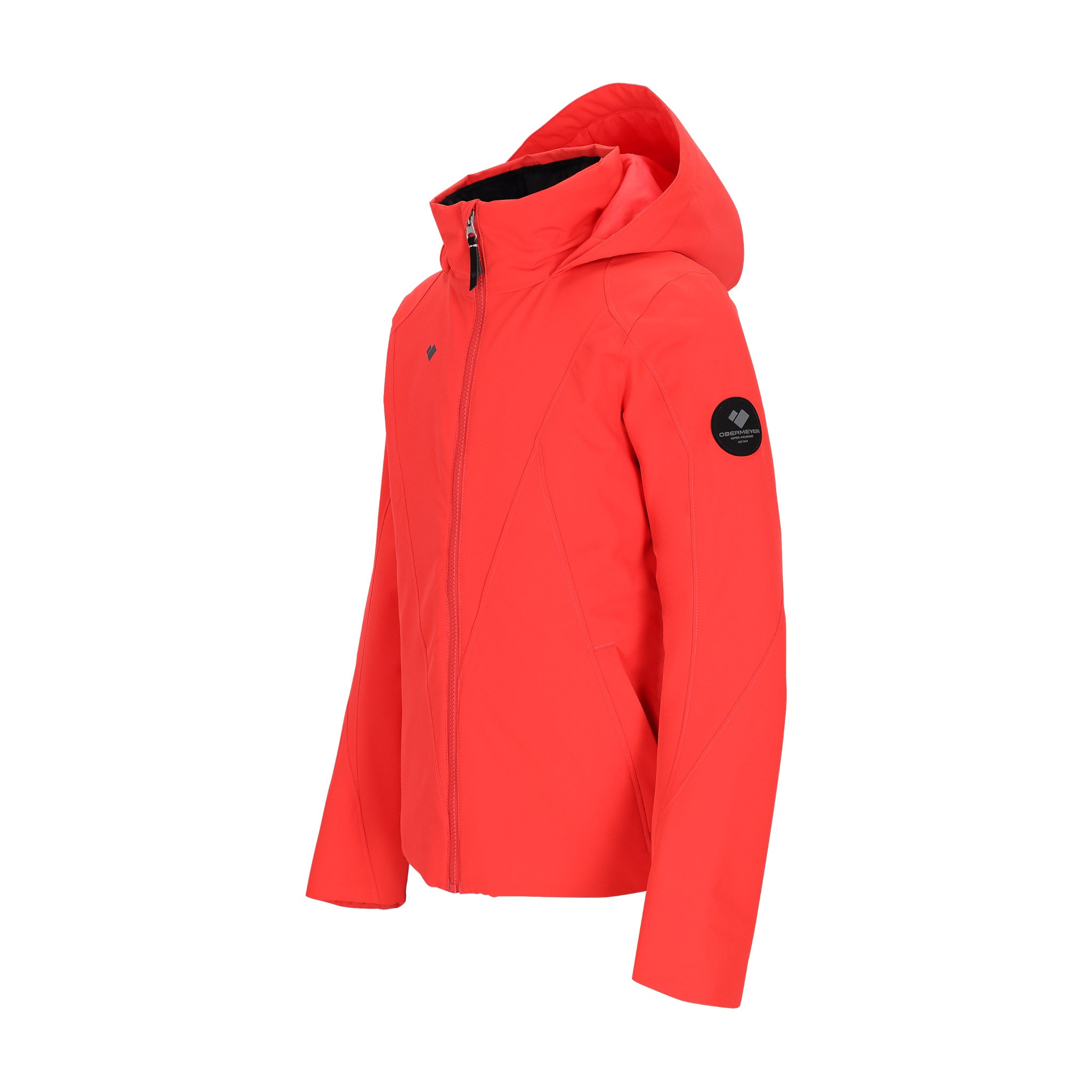 Obermeyer Teen Girls' Rylee Insulated Jacket 2025 - A coral-colored jacket with a black zipper and two zippered pockets on either side, featuring a hood and quilted pattern.