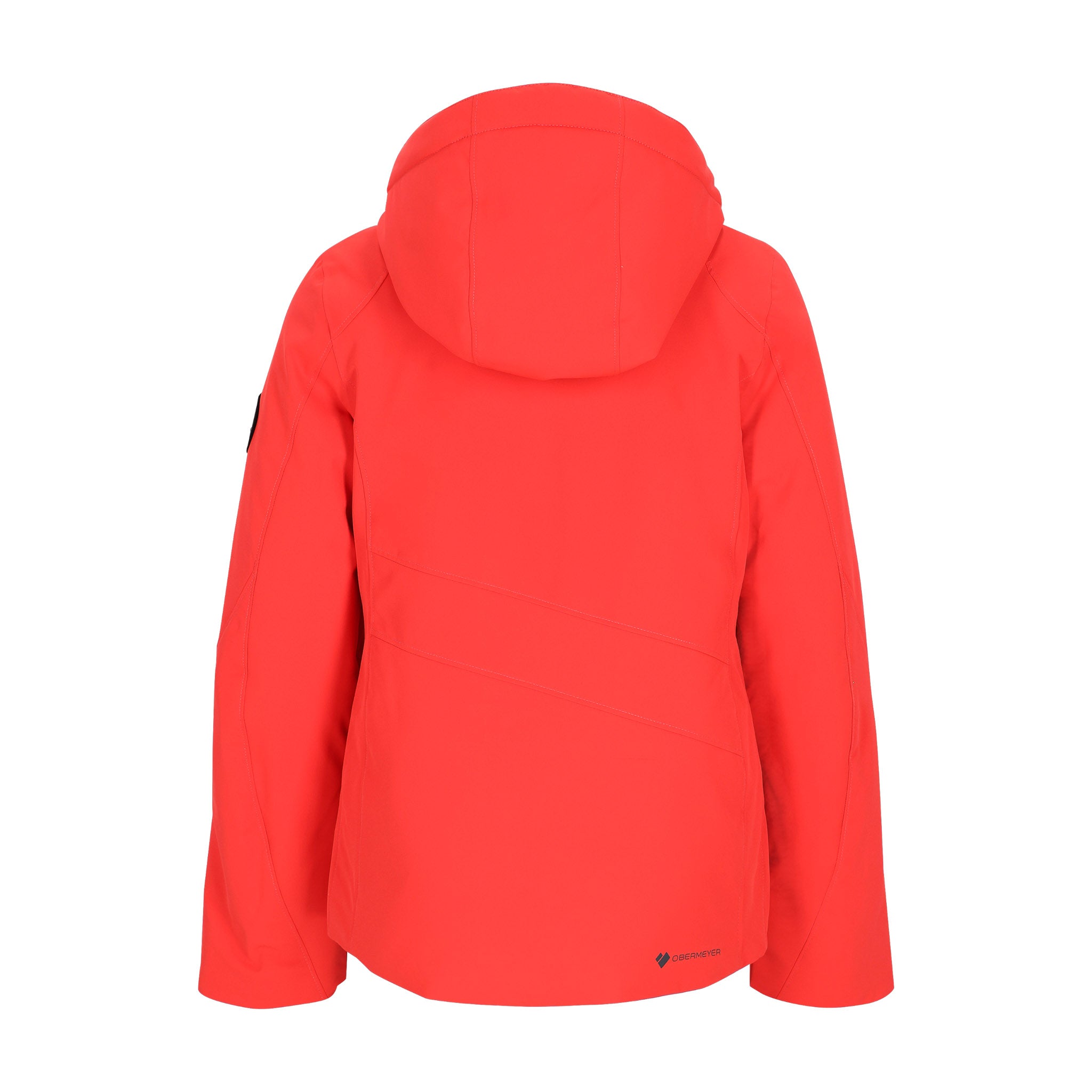 Obermeyer Teen Girls' Rylee Insulated Jacket 2025 - A coral-colored jacket with a hood, featuring black zippers and a black logo on the left sleeve.