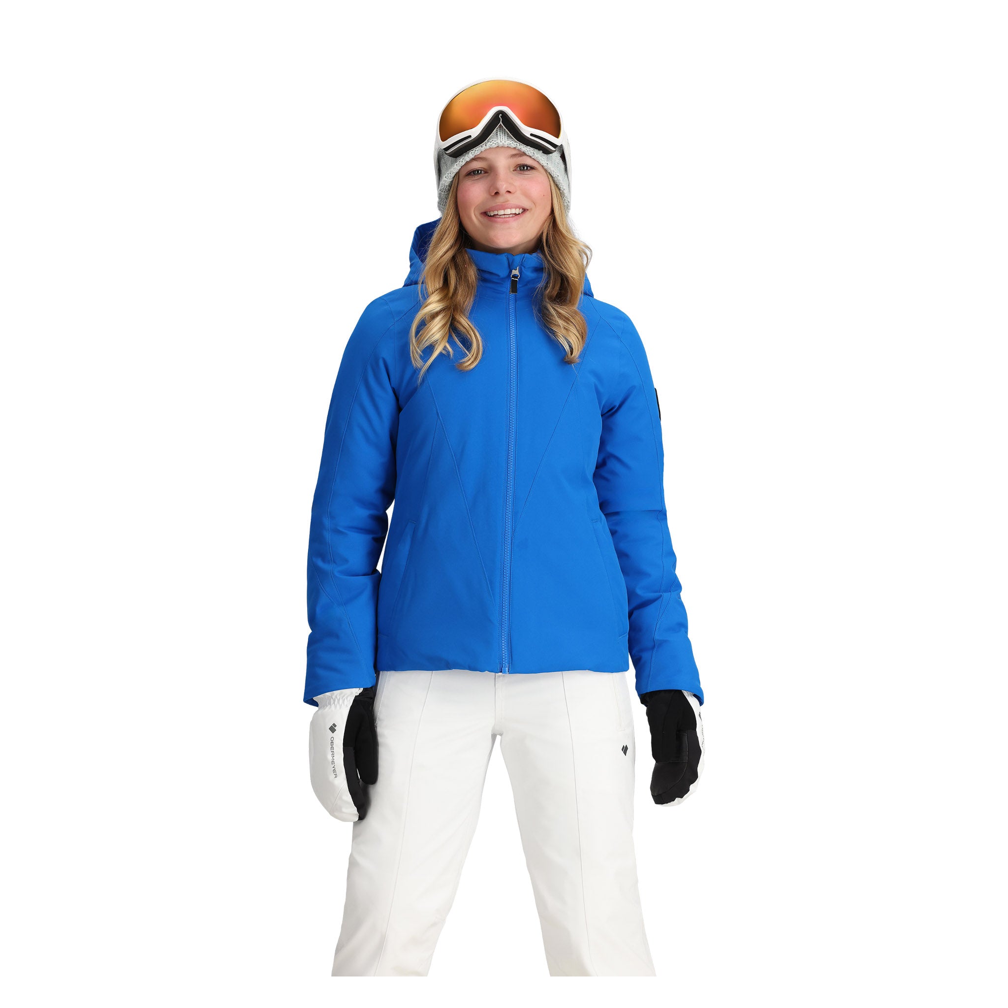 Obermeyer Teen Girls' Rylee Insulated Jacket - A royal blue jacket with a high collar and zippered pockets, featuring a subtle pattern of diagonal stripes on the sleeves.