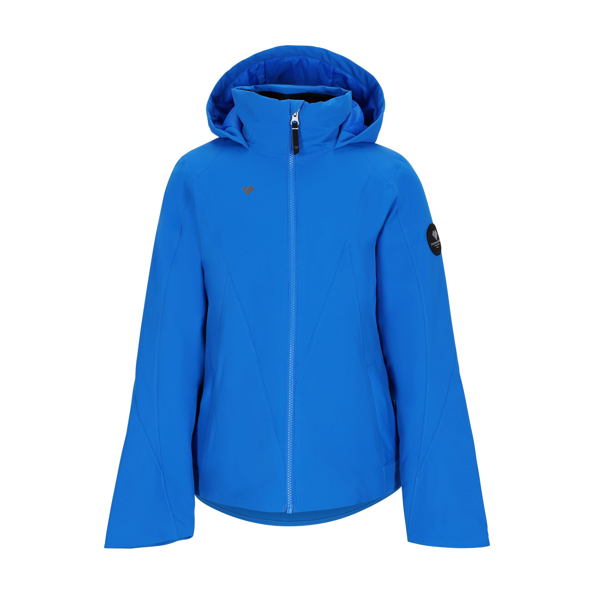 Obermeyer Teen Girls' Rylee Insulated Jacket 2025 - A royal blue jacket with a hood, featuring a black zipper and two zippered pockets on the front.