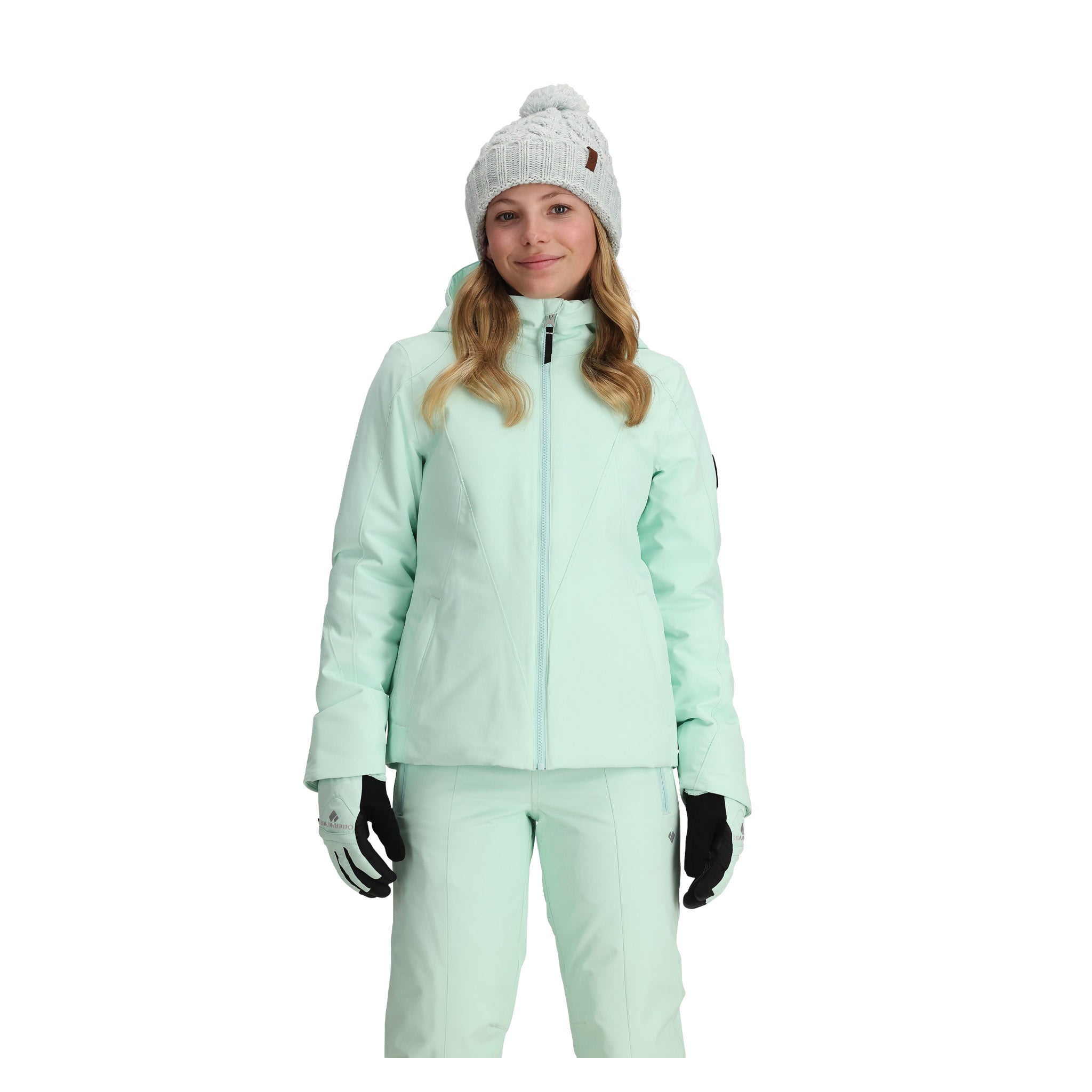 Obermeyer Teen Girls' Rylee Insulated Jacket 2025 - A mint green jacket with a hood, zipper closure, and two zippered pockets on the front.