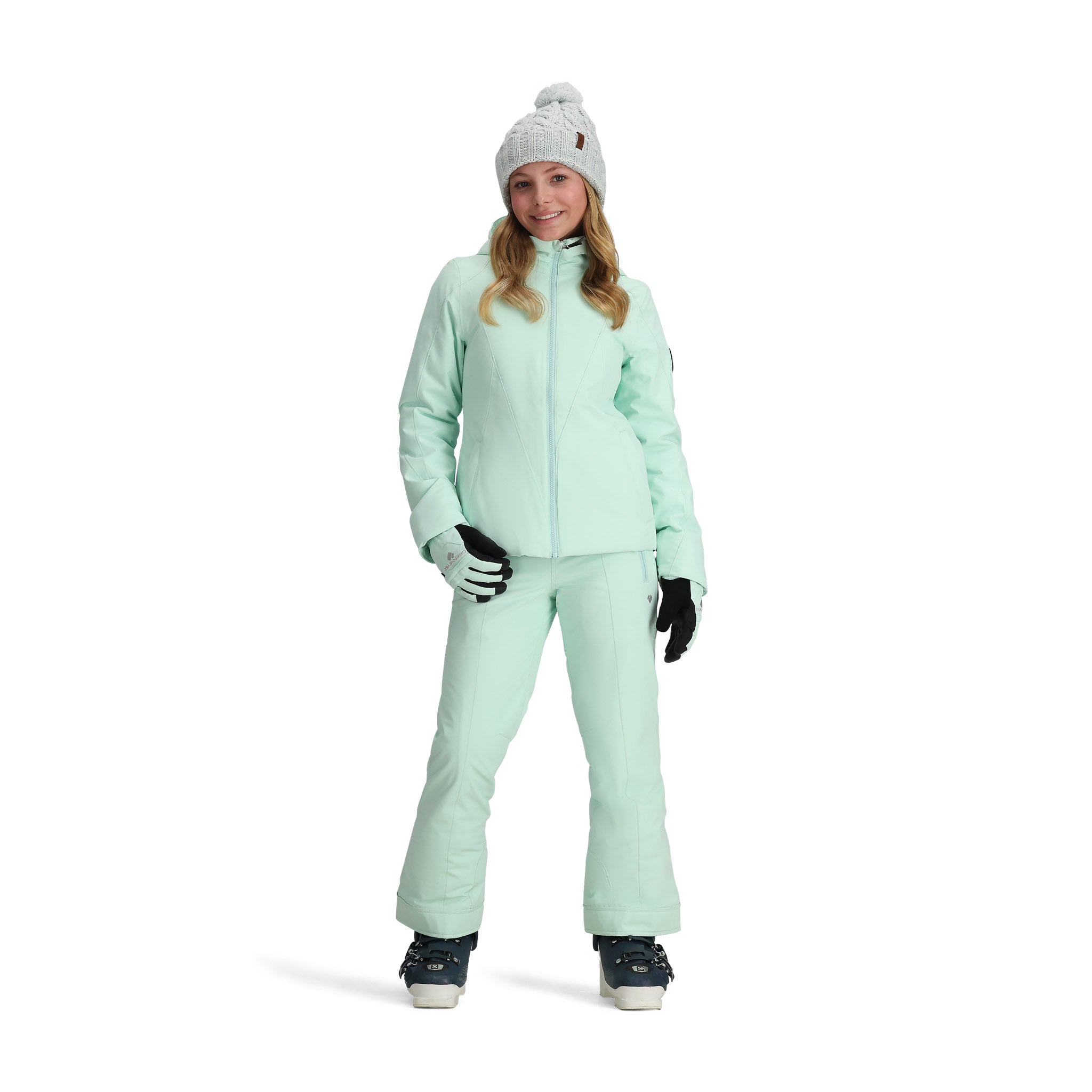 Obermeyer Teen Girls' Rylee Insulated Jacket 2025 - A mint green jacket with a hood, zippered pockets and a black zipper.