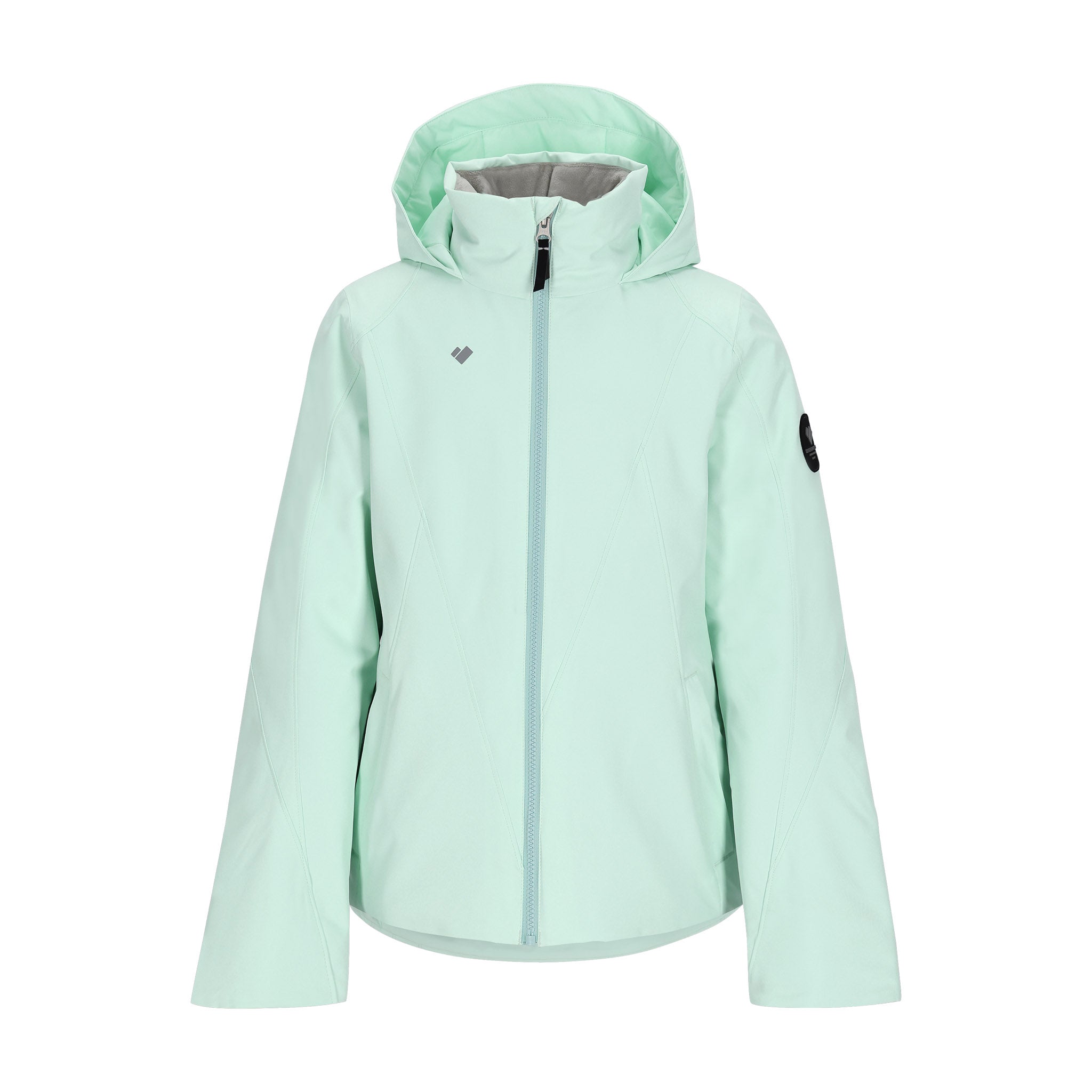 Obermeyer Teen Girls' Rylee Insulated Jacket 2025 - A mint green jacket with a hood, featuring a zipper and two pockets on either side.