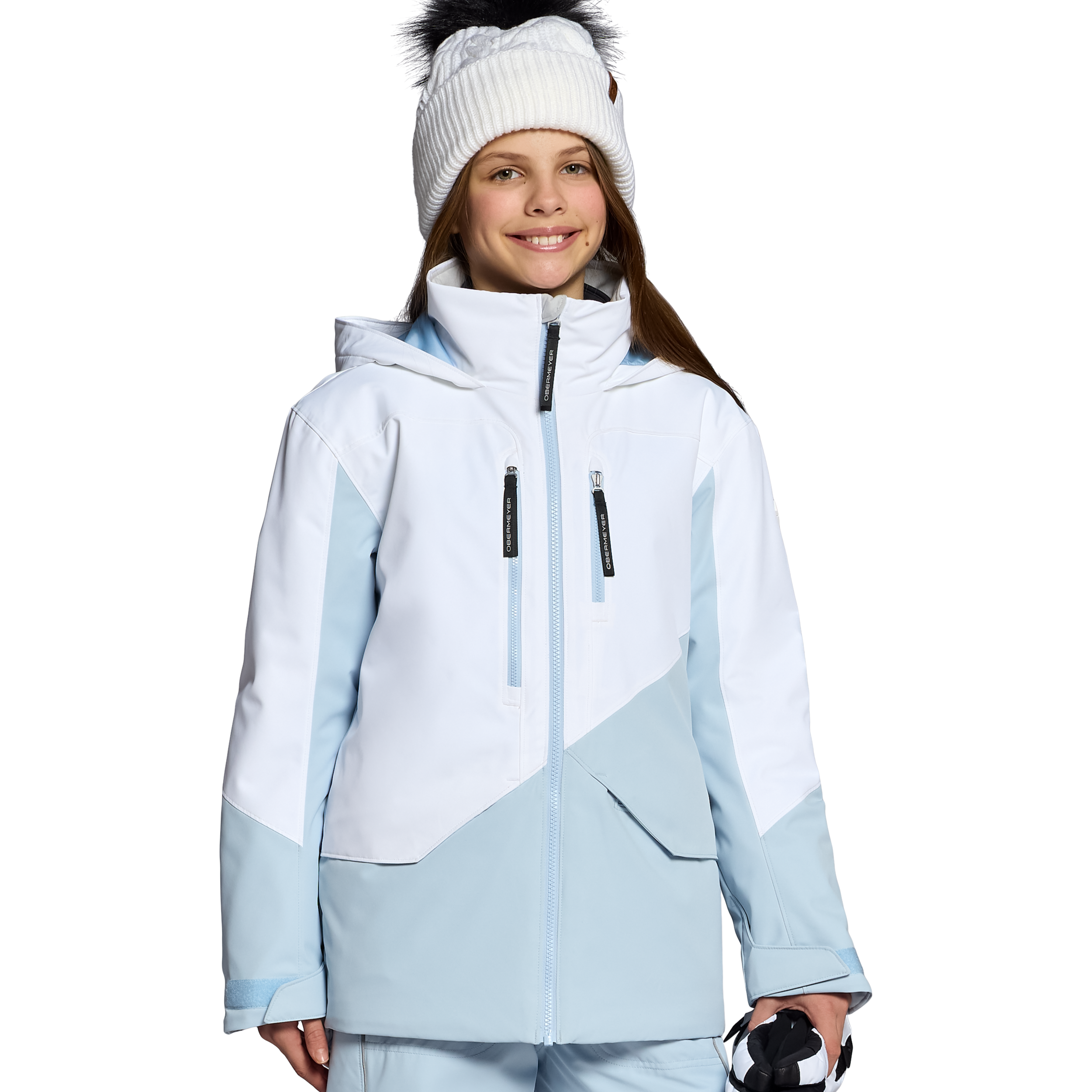 Girls' insulated jacket in light blue and white with full zip and hood