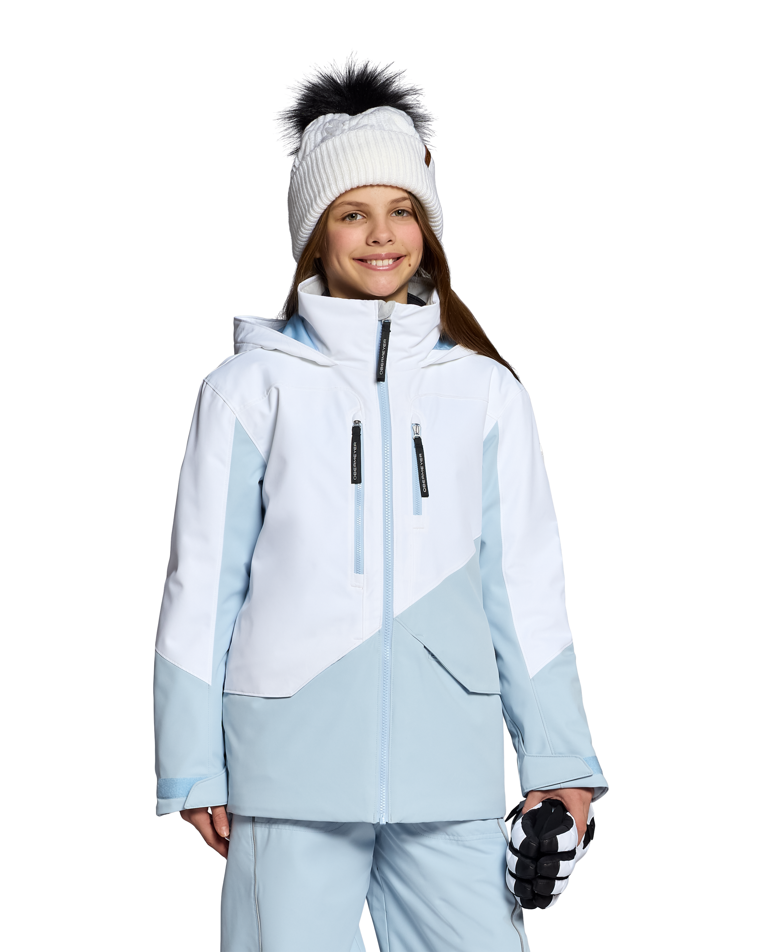 Girls' insulated jacket in light blue and white with full zip and hood