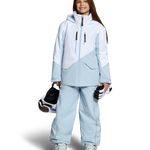 Girls' insulated jacket, light blue with hood, front zip, and utility pockets