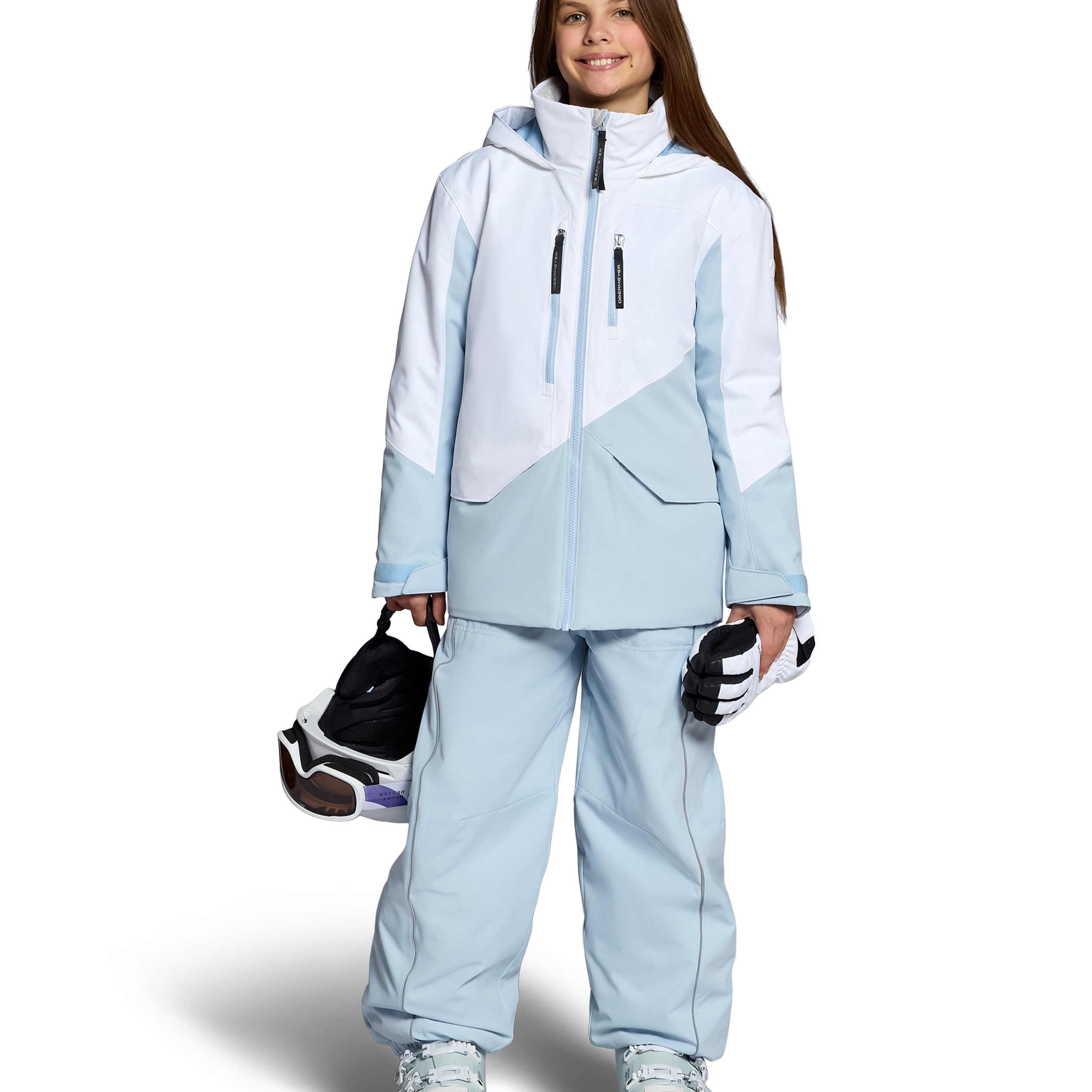 Girls' insulated jacket, light blue with hood, front zip, and utility pockets