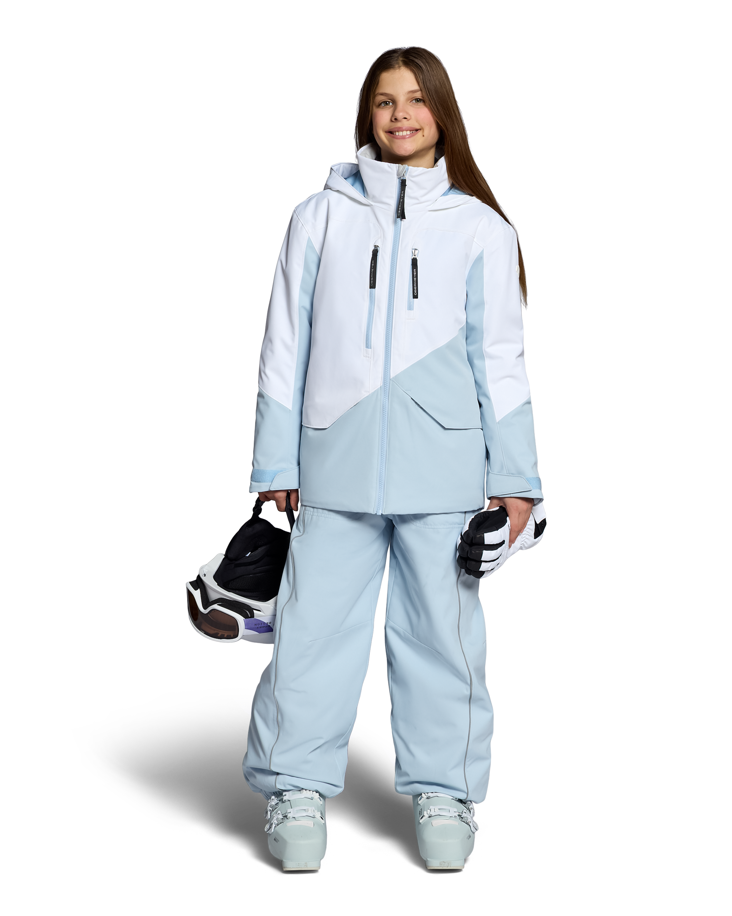 Girls' insulated jacket, light blue with hood, front zip, and utility pockets