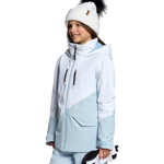 Girls' insulated jacket in light blue with hood, front zip, and side seam pocket