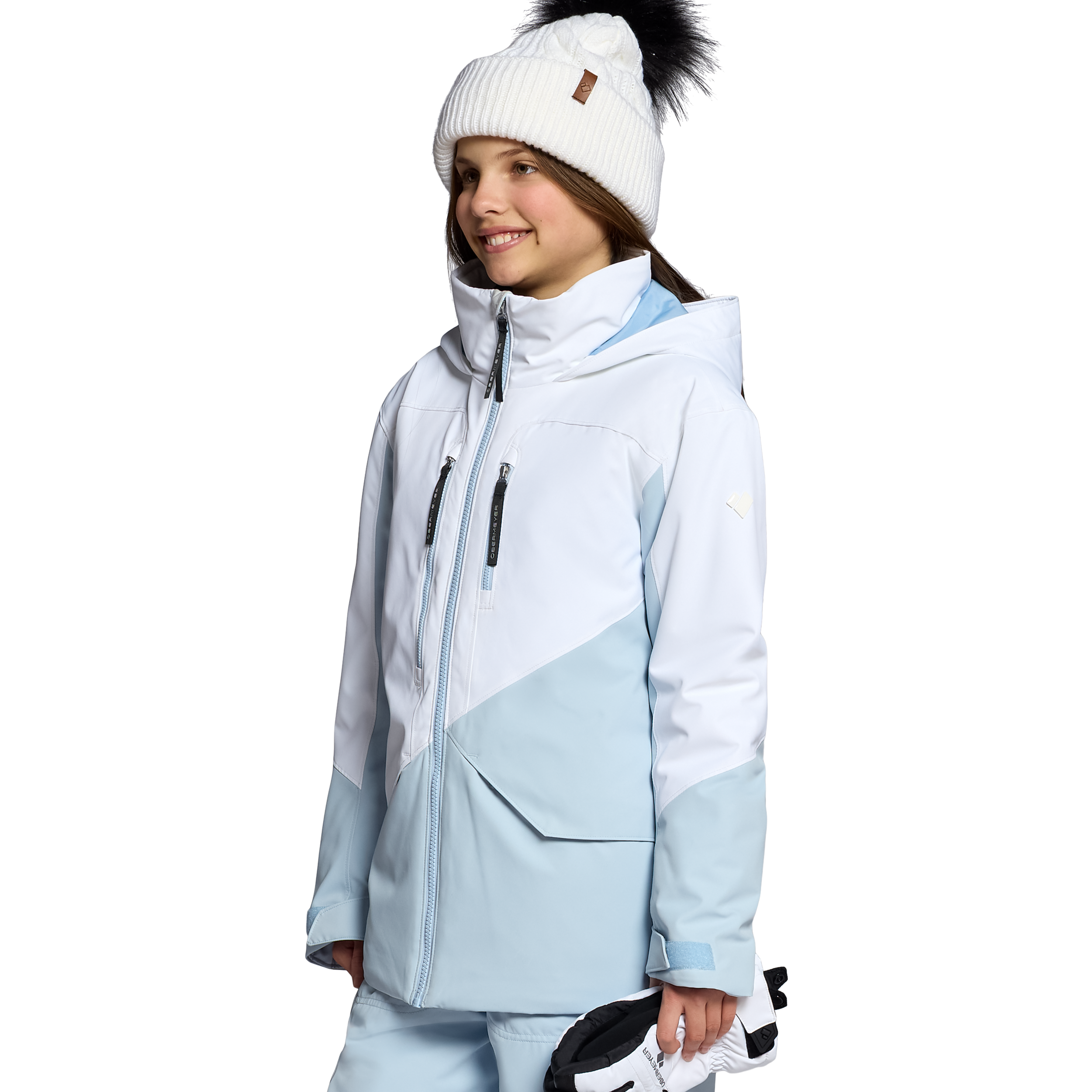 Girls' insulated jacket in light blue with hood, front zip, and side seam pocket