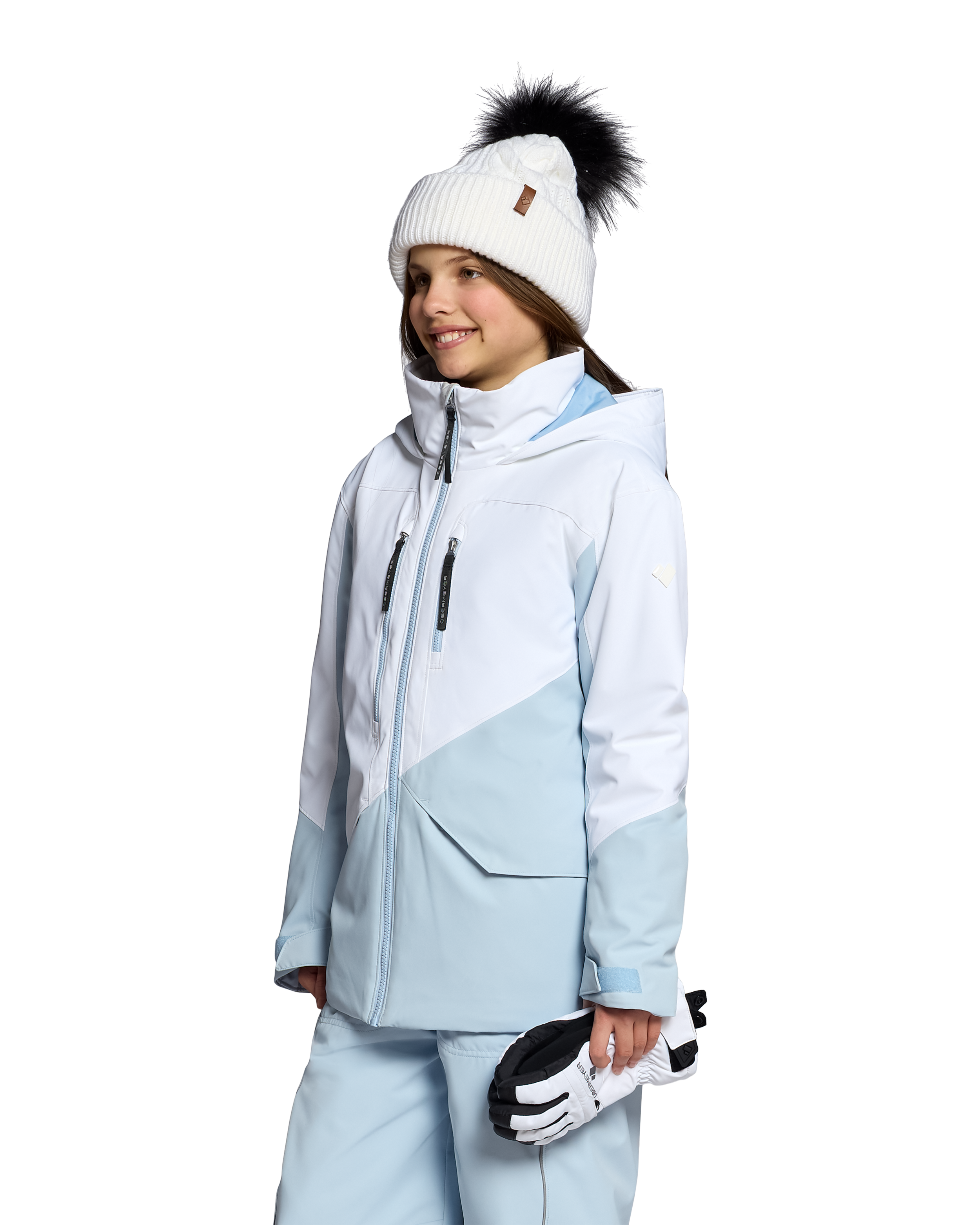 Girls' insulated jacket in light blue with hood, front zip, and side seam pocket