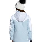 Girls' insulated jacket with hood, back view, light blue and white color blocks