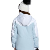 Girls' insulated jacket with hood, back view, light blue and white color blocks