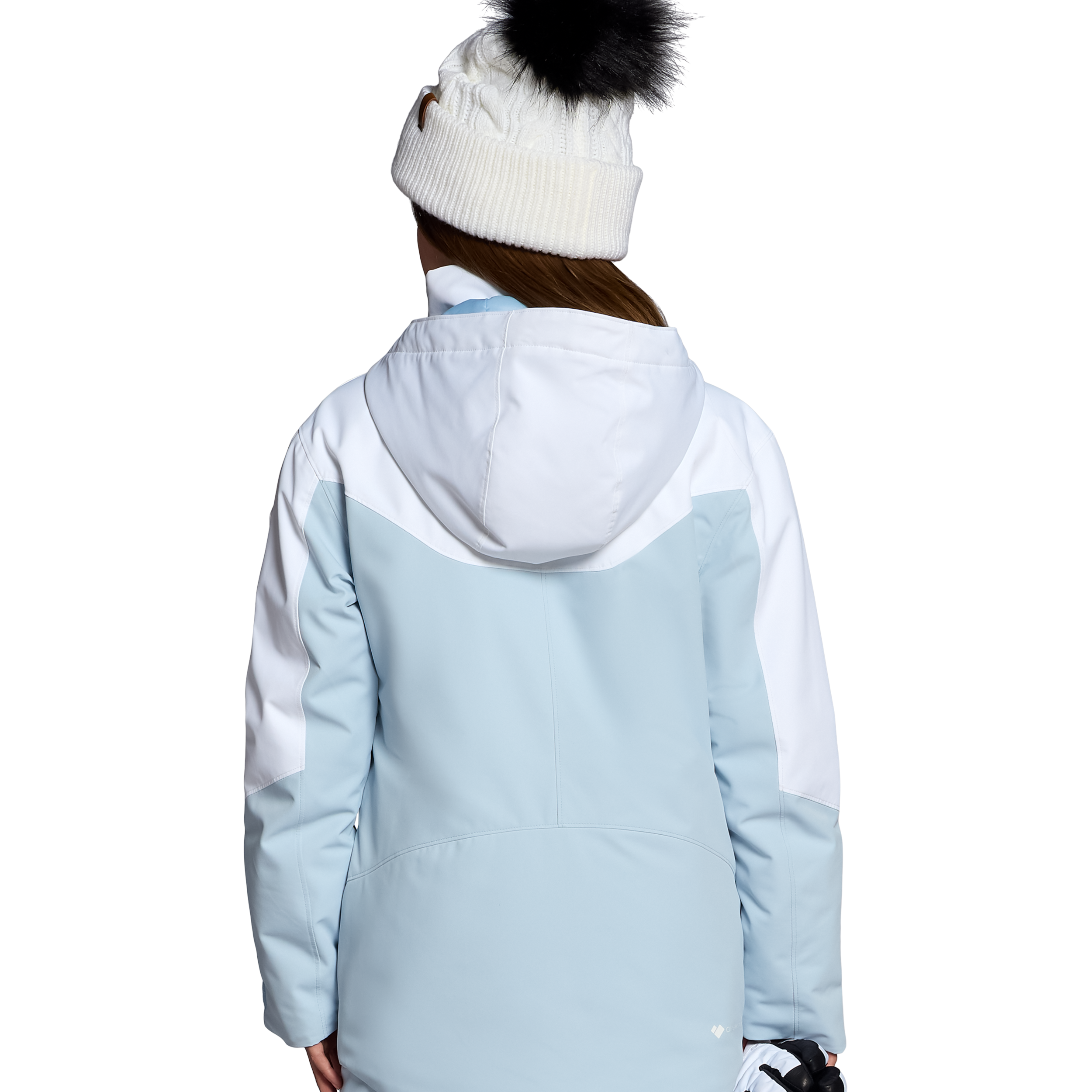 Girls' insulated jacket with hood, back view, light blue and white color blocks