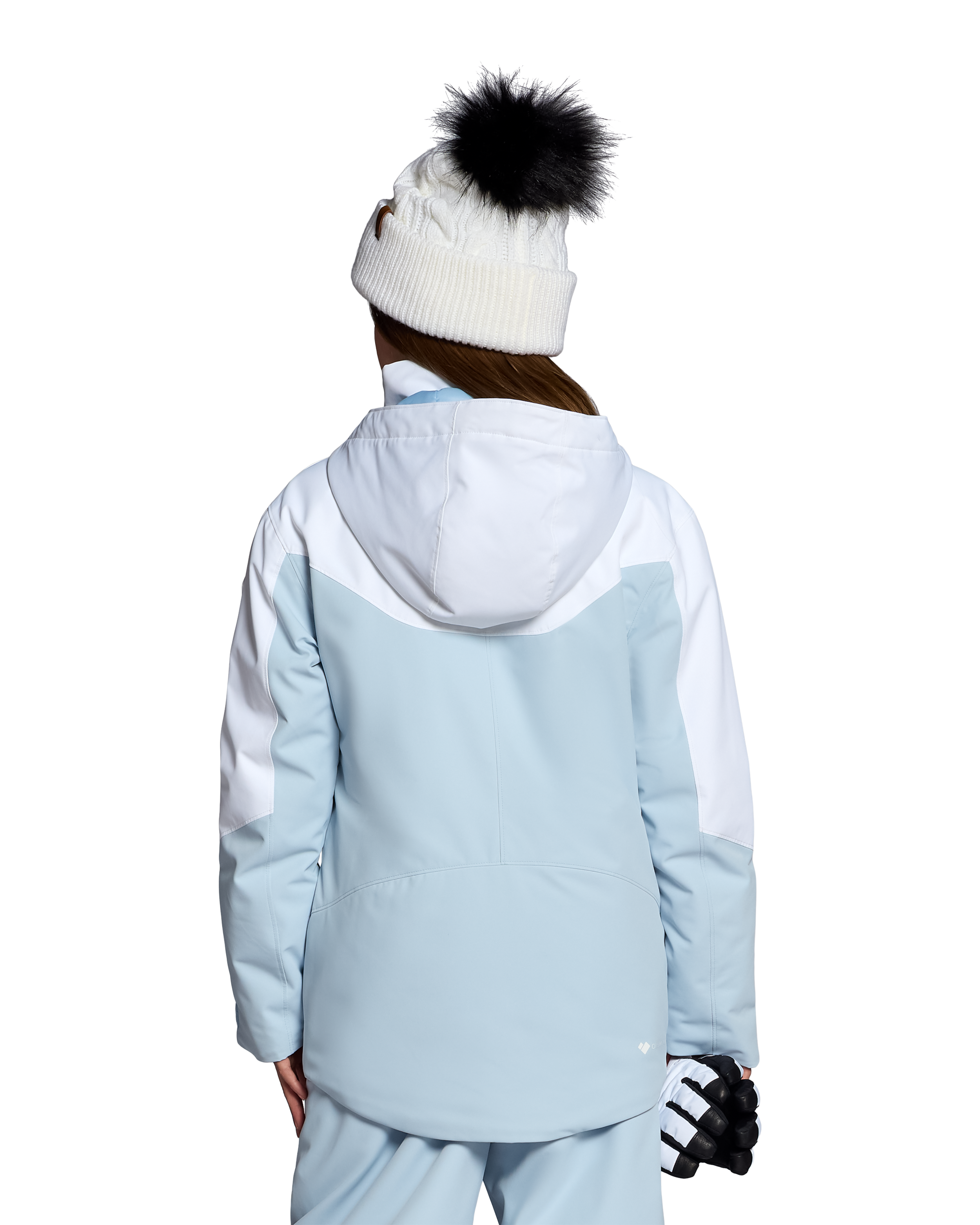 Girls' insulated jacket with hood, back view, light blue and white color blocks