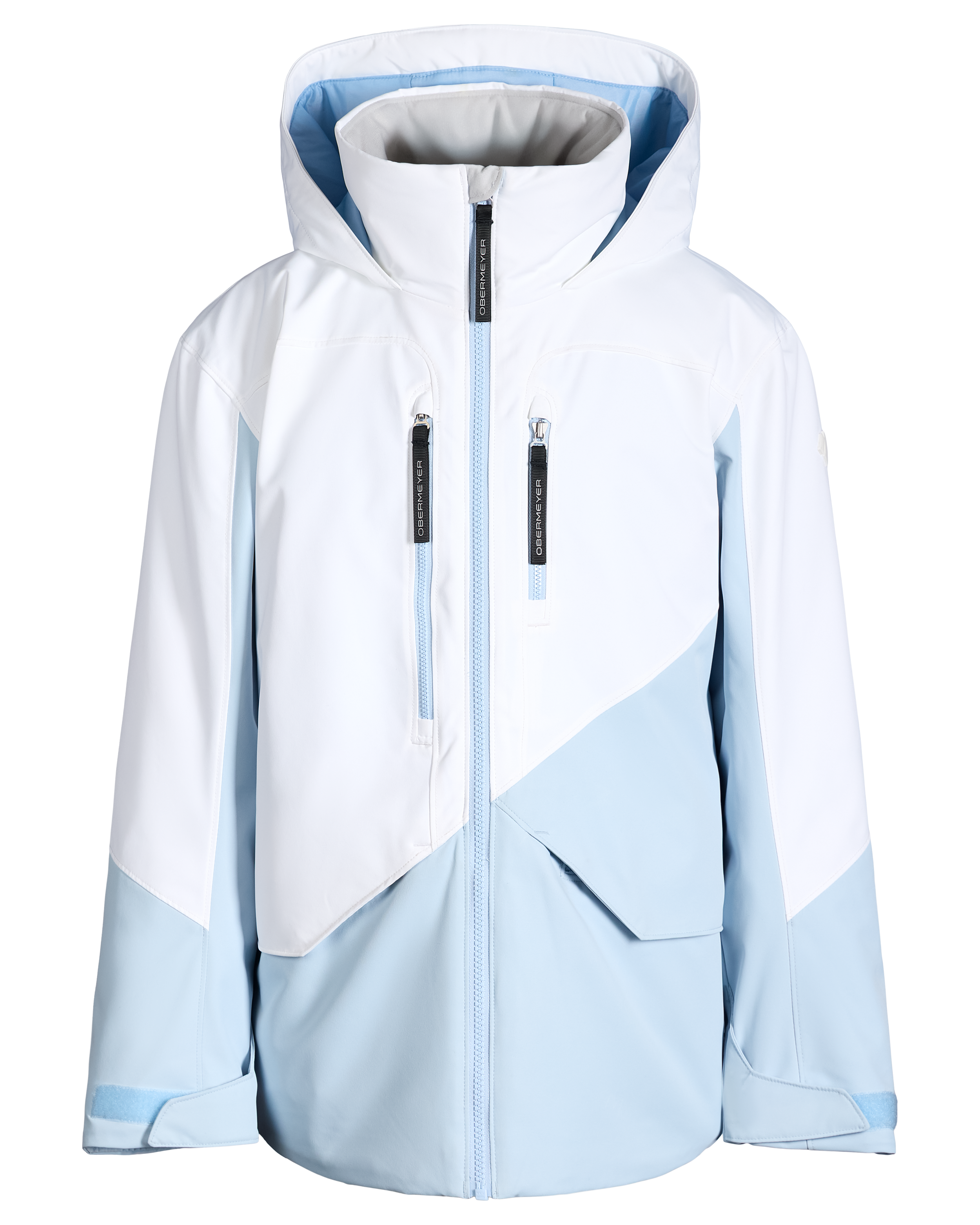 Light blue insulated hooded jacket with full zip and vertical chest pockets