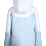 Light blue insulated hooded jacket with back panel and padded shoulders