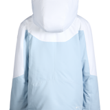 Light blue insulated hooded jacket with back panel and padded shoulders