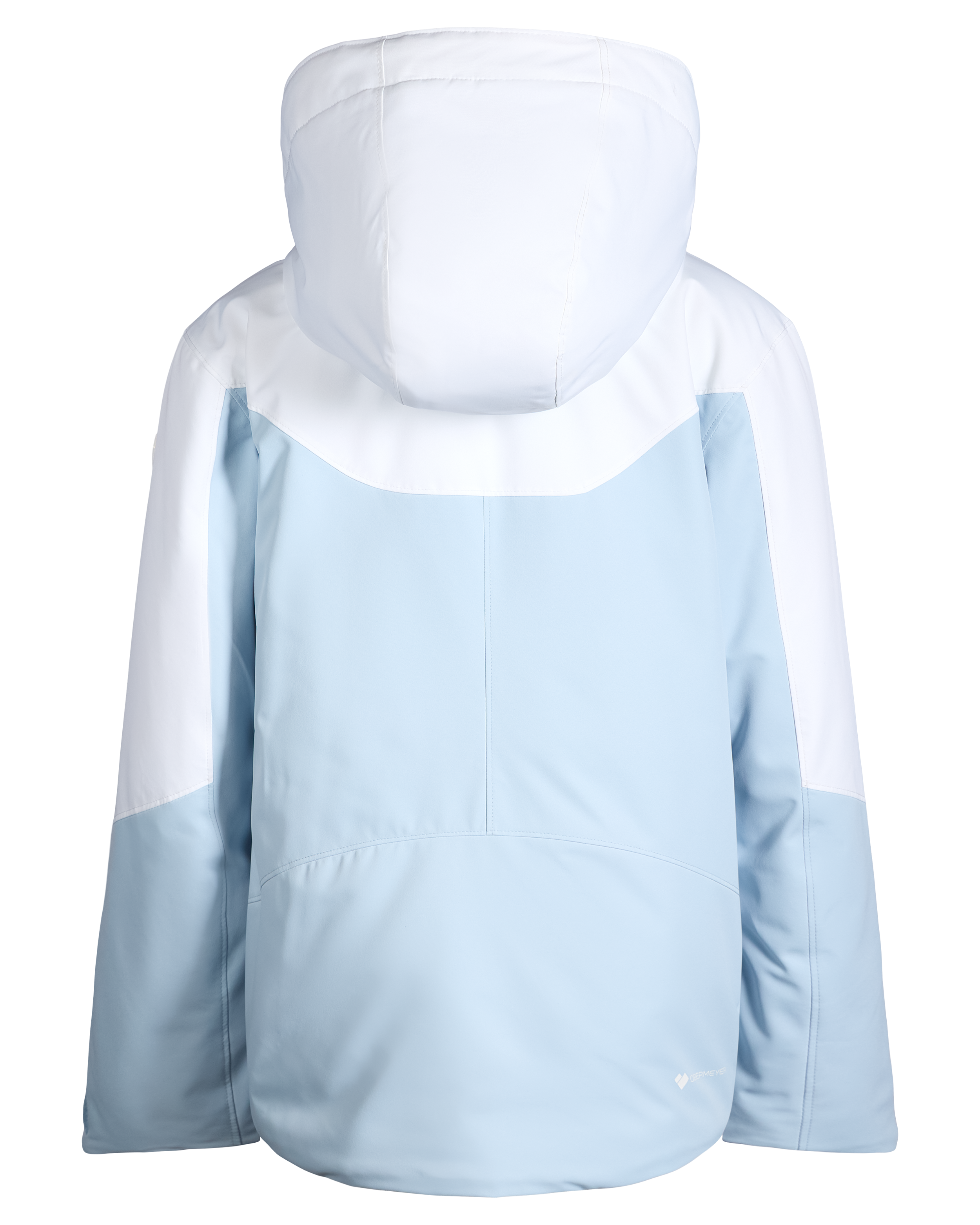 Light blue insulated hooded jacket with back panel and padded shoulders