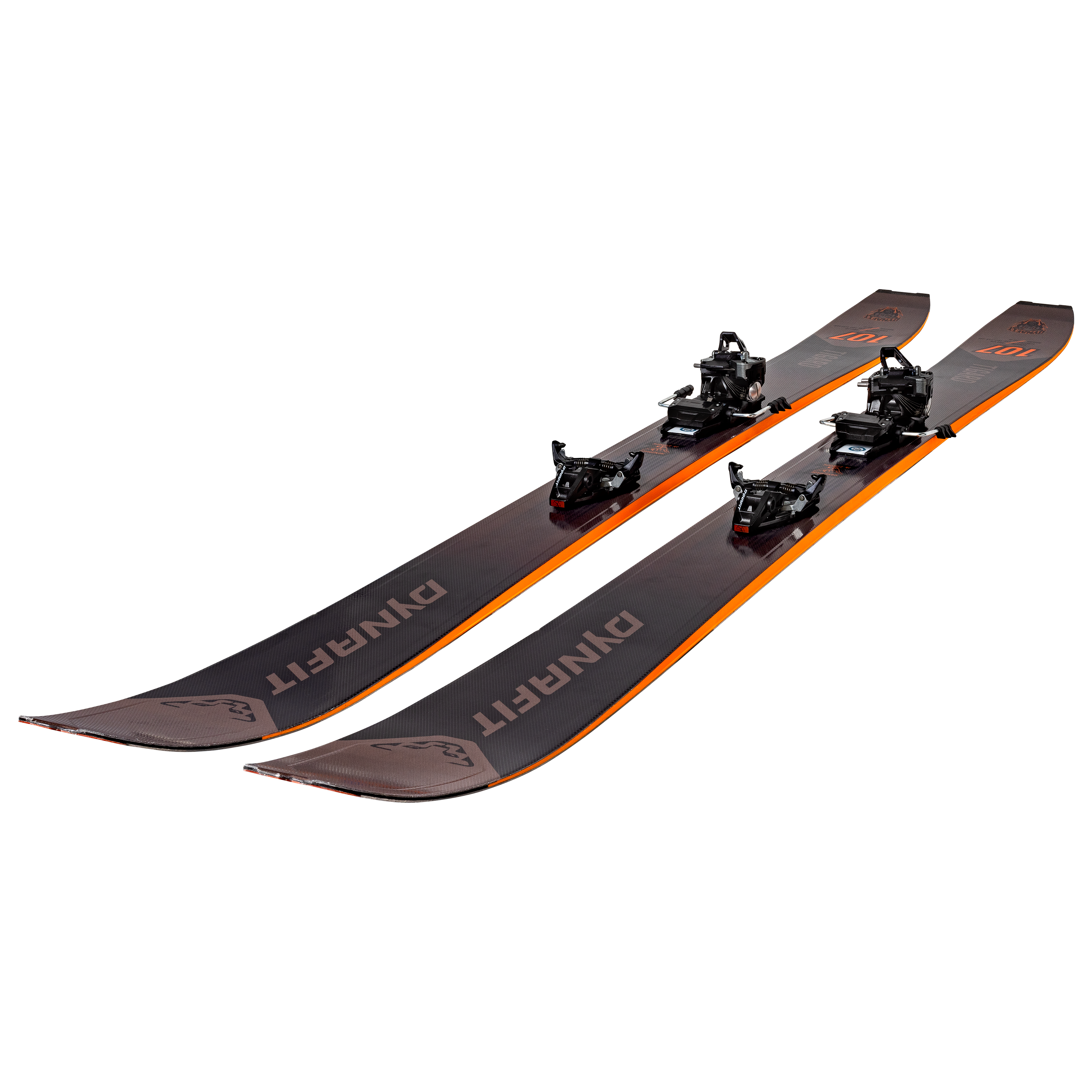 Dynafit - Tigard 107 Flat Ski 2025 with a dark brown base and orange accents on the edges.