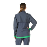 Speedo Female Tech Warm Up Jacket - A grey jacket with a green stripe at the bottom and cuffs.