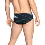 Speedo Infinite Pulse Brief Swimsuit - A black swimsuit with a green, white, and grey abstract pattern on the front.