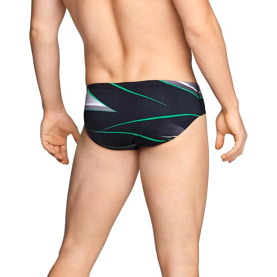 Speedo Infinite Pulse Brief Swimsuit - A black swimsuit with a green, white, and grey abstract pattern on the front.
