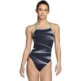 Speedo Infinite Pulse Crossback One Piece Swimsuit - A black one-piece swimsuit with a cross-back design and green accents.