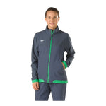 Speedo Female Tech Warm Up Jacket - A navy blue jacket with a white logo on the left chest and two zippered pockets at the waist.