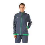 Speedo Female Tech Warm Up Jacket - A navy blue jacket with a white logo on the left chest and two zippered pockets at the waist.
