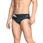 Speedo Infinite Pulse Brief Swimsuit - A black swimsuit with a geometric pattern of neon green and grey lines.