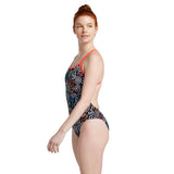 Speedo The One Printed One Piece Swimsuit - A black swimsuit with a white, blue, and orange abstract pattern.