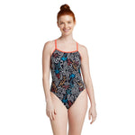 Speedo The One Printed One Piece Swimsuit - A black swimsuit with a white, blue, and orange abstract pattern.