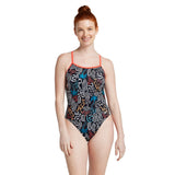 Speedo The One Printed One Piece Swimsuit - A black swimsuit with a white, blue, and orange abstract pattern.