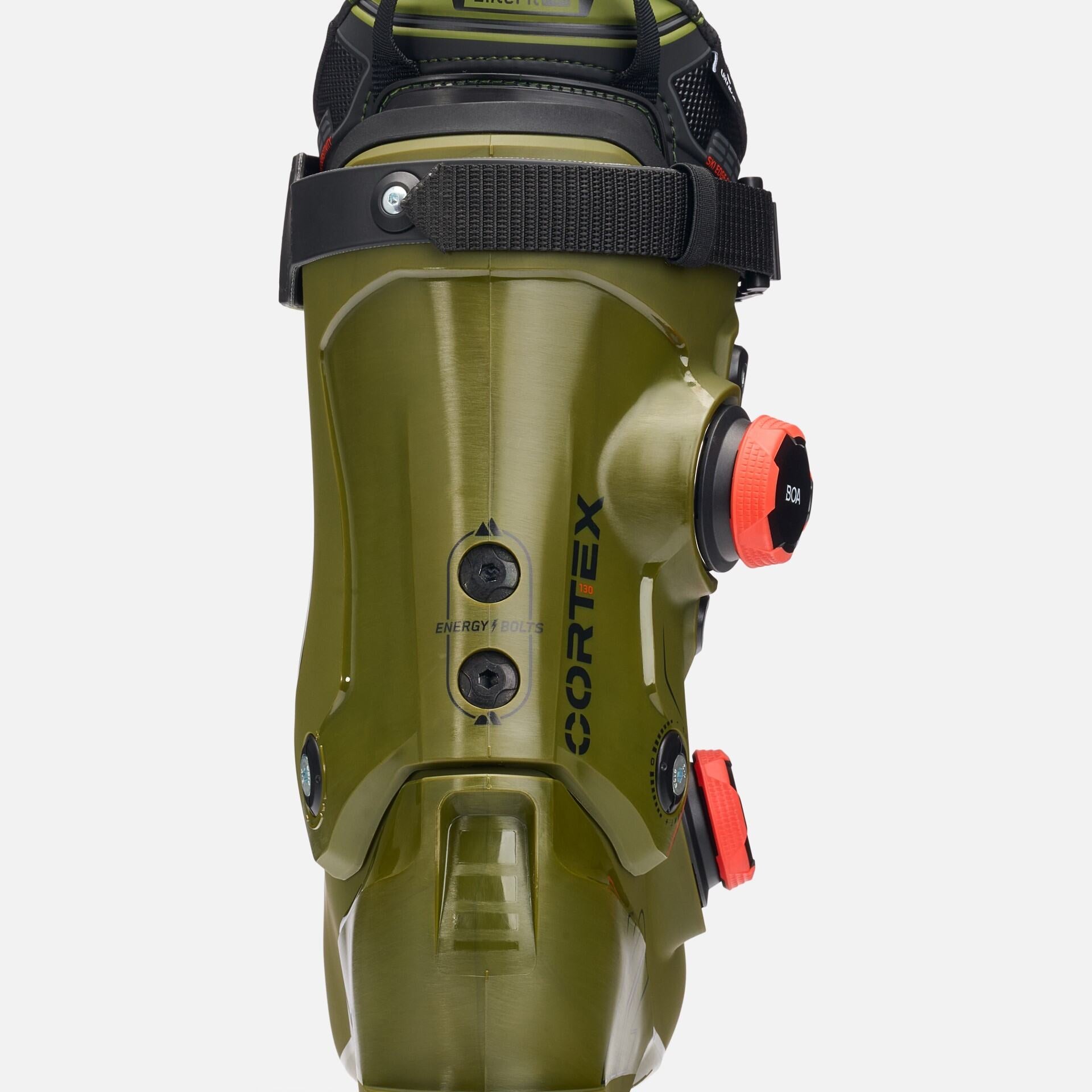 K2 Cortex 130 Zonal BOA ski boots feature a dark green color and distinctive design.