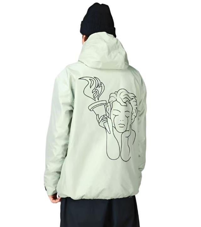 Beyond Medals Anorak 2L Shell Jacket 2024 - A light green jacket with a hood, featuring a graphic of an athlete holding a torch on the back.