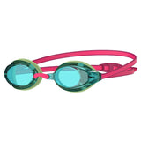 Speedo Women's Vanquisher 2.0 Mirrored Swim Goggle - A pair of mirrored swim goggles with a green frame and strap, featuring a round lens shape.
