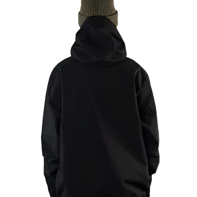 Beyond Medals Tech Shell Jacket 3L 2025 - A black jacket with a hood, featuring a zipper and two zippered pockets on the front.