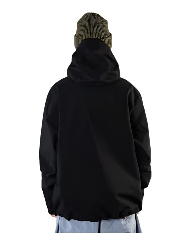 Beyond Medals Tech Shell Jacket 3L 2025 - A black jacket with a hood, featuring a zipper and two zippered pockets on the front.