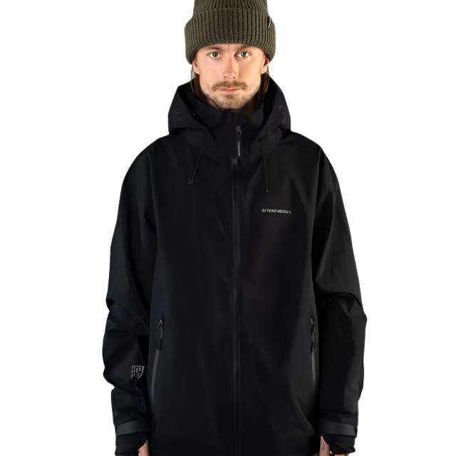 Beyond Medals Tech Shell Jacket 3L 2025 - A black jacket with a hood, featuring a zippered front and two side pockets.