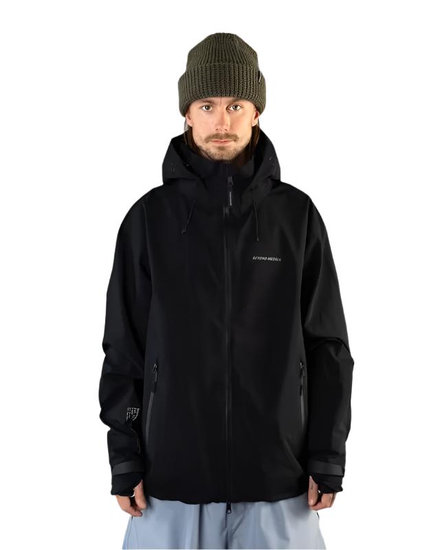 Beyond Medals Tech Shell Jacket 3L 2025 - A black jacket with a hood, featuring a zippered front and two side pockets.